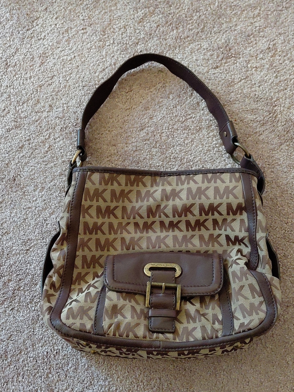 Michael Kors Tan and Brown MK Monogram Shoulder Bag